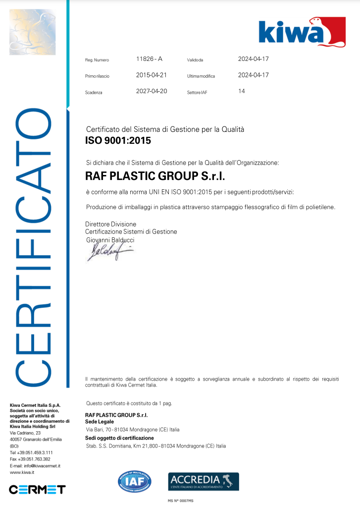 Certificato del sistema di gestione per la qualità ISO 9001:2015 Raf Plastic Group